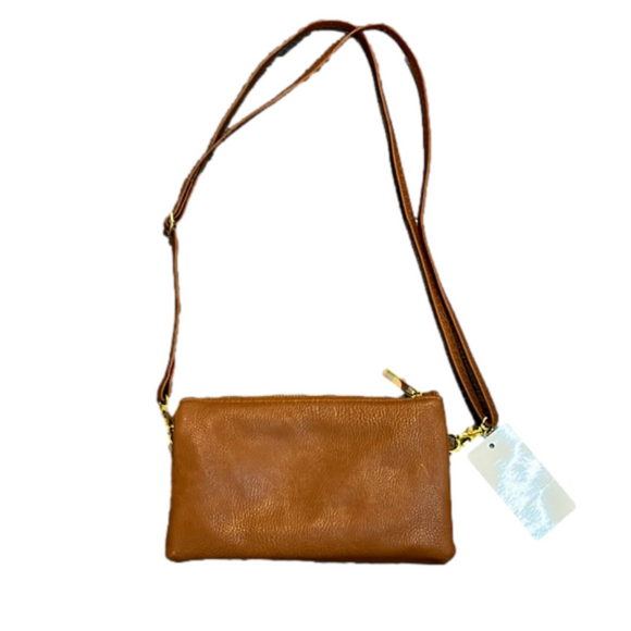 Handbags - Camel crossover to clutch faux leather purse w/ gold hardware NWT inner storage